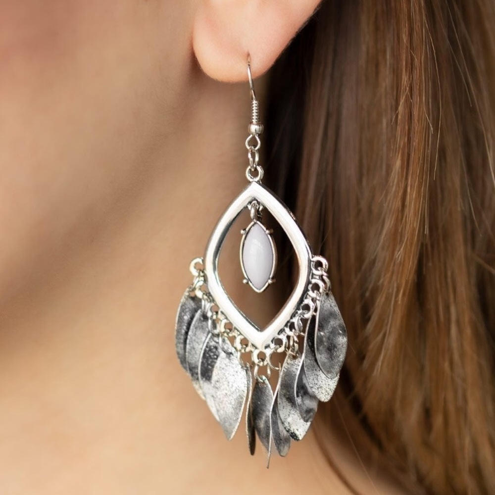 Silver Teardrop Chandelier Earrings with White Stone